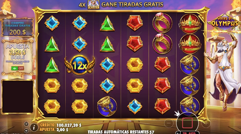 Pantalla del juego Gates of Olympus mostrando los carretes con símbolos de gemas y objetos, multiplicador de 12x y Zeus a la derecha.