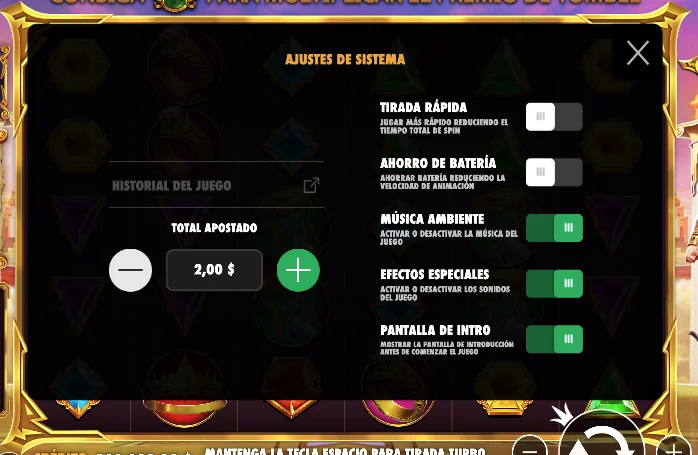 Menú de ajustes del juego Gates of Olympus con opciones para tirada rápida, ahorro de batería, música ambiente, efectos especiales y apuesta total.